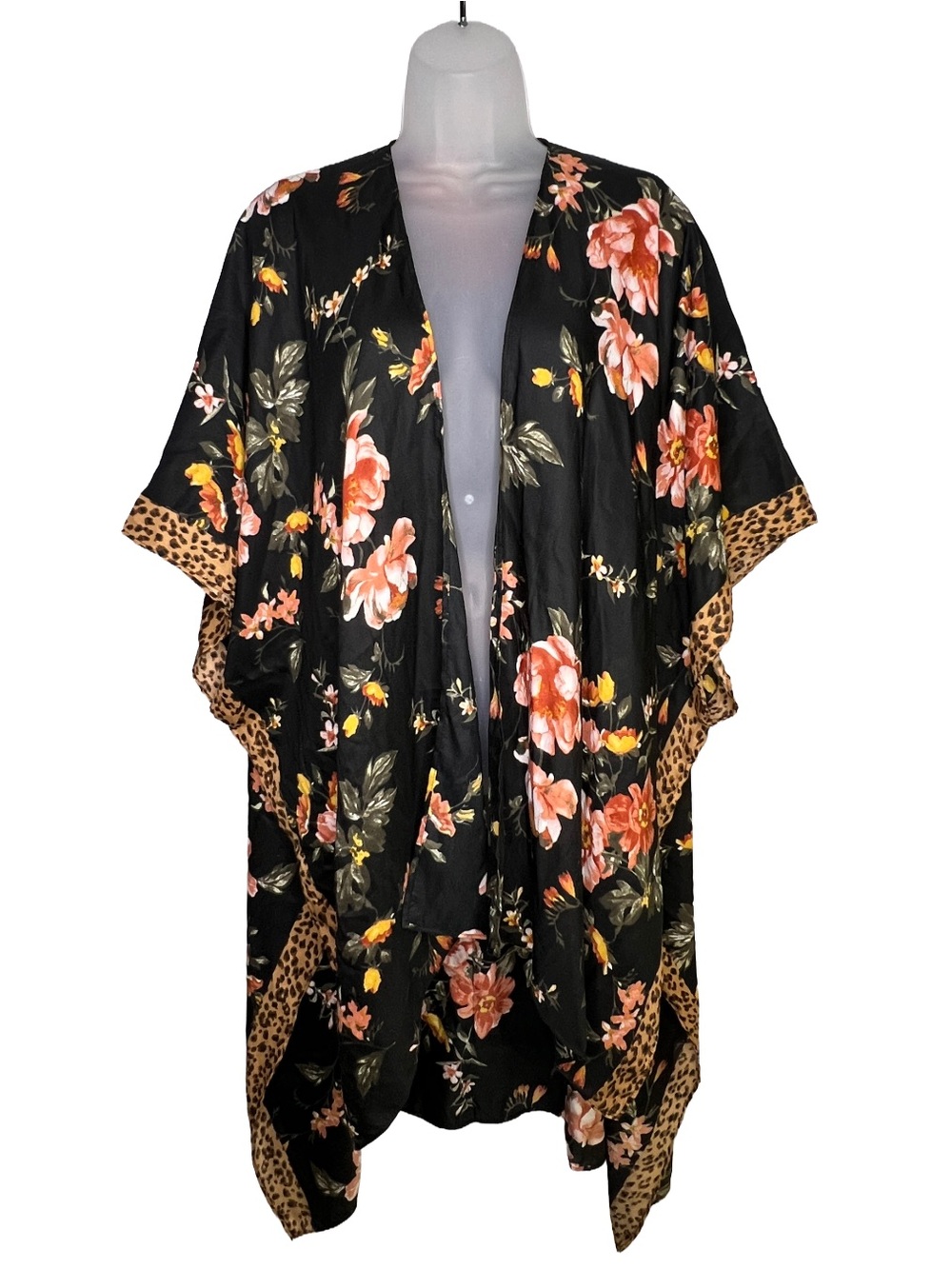 American Eagle Black Floral & Leopard Trim Kimono Womens One Size Cover Up